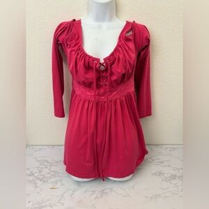 Mooncolour Women's Top L Long Sleeve Peasant Low Cut Elastic Waist Tie Blouse​